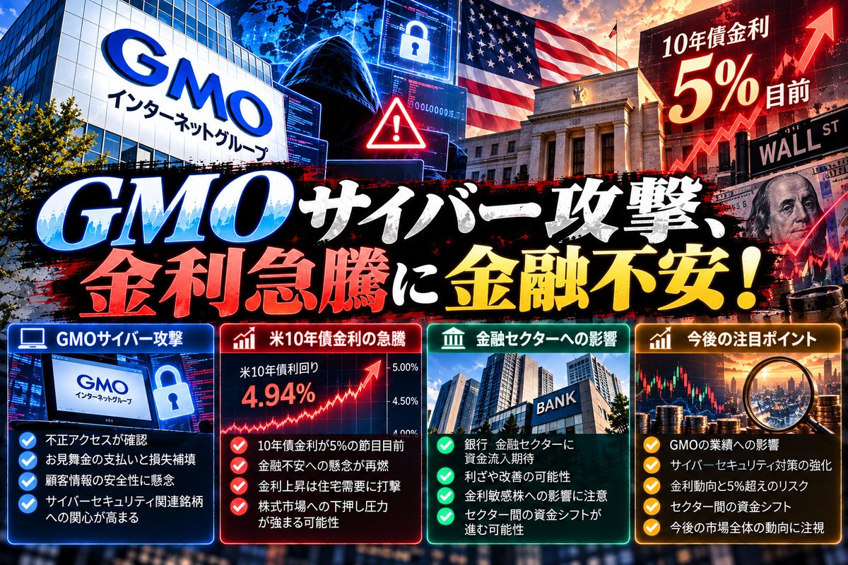 Fu__cosme's tweet photo. GMOサイバー問題、米金利上昇にも警戒！

GMOの不正アクセス問題で、補償対応とセキュリティ関連株に注目。一方、米長期金利の上昇懸念が株式市場の重荷に。銀行株には利ざや改善期待もあり、今後は金利動向とセクター間の資金シフトを見極めたい。 https://t.co/PvLQz6APO9