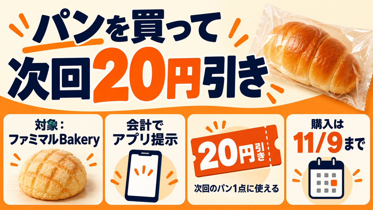 samoyed_AInews's tweet photo. 忙しい人のためのニュース｜10月25日
🥐 ファミマ：対象パン購入で次回20円引き券
🍙 セブン：おにぎり・寿司3個でクーポンなどが当たる抽選
条件と期限は返信で確認👇
#ファミリーマート #ファミペイ https://t.co/MQo8IHjw8y