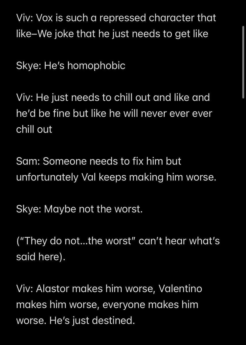 valerinaadio's tweet photo. I think people should really listen to the full “makes him worse” quote, especially since it’s more about Vox being repressed, homophobic and needing to “chill out” and how “everyone makes him worse” not just Alastor and Valentino. https://t.co/RoJ4J11ING
