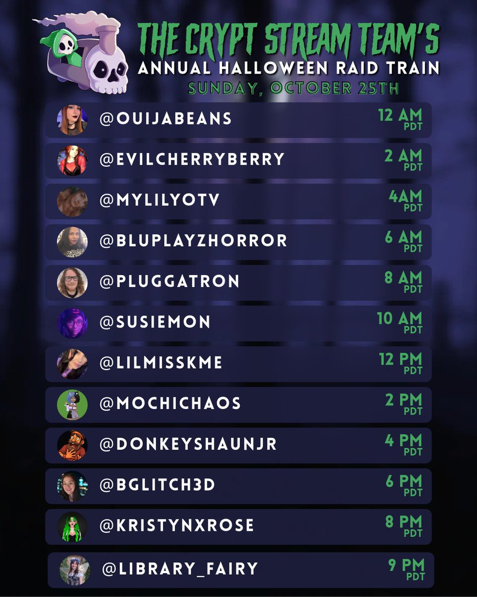 TheCryptTeam's tweet photo. Such an exciting week to start our annual Halloween Raid Train! Check out our team members Continuing this event on Sunday 10/25/2026! @Twitch @TwitchSupport 

Read on to check them out on Twitch and support our amazing participants! https://t.co/WKpqxPOoiz