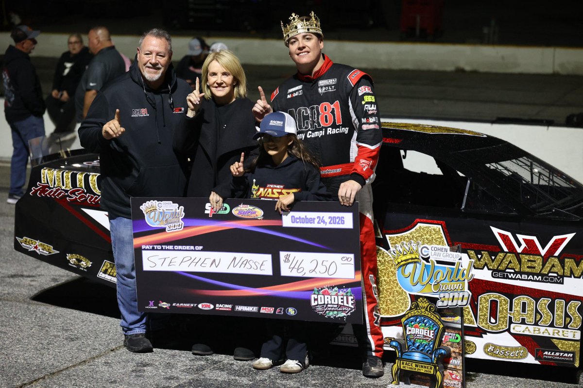 ST_Scene's tweet photo. SSS: Stephen Nasse wears the crown in Cordele, winning the World Crown 300 over Collin Allman and Spencer Davis. Meanwhile, with the third place finish, Davis is crowned the 2026 Southern Super Series Champion. https://t.co/3US5RLqi0n