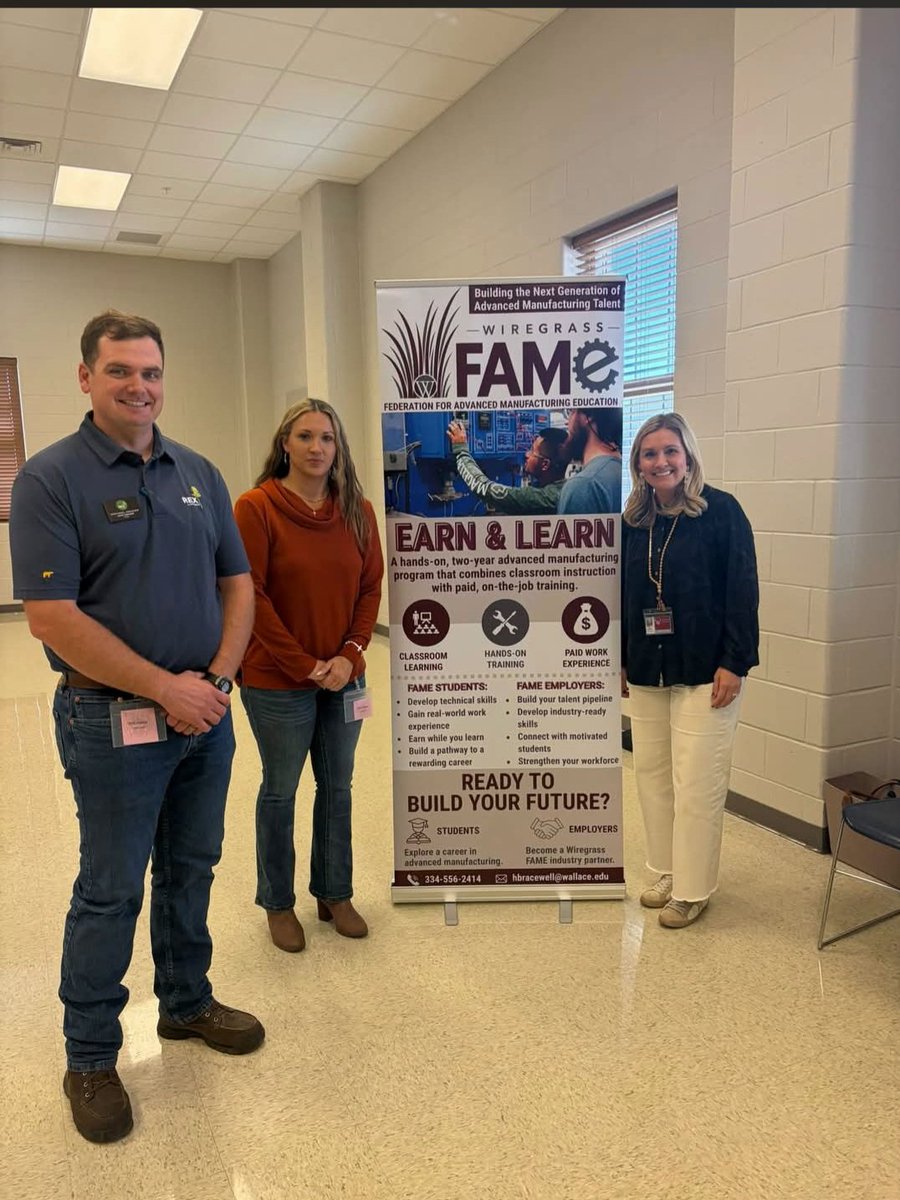 RexLumberMill's tweet photo. We're proud to partner with #WiregrassFAME to help develop the next generation of skilled workers!

#RexlumberTroy 's Amber Chambers and Michael Walker recently visited @EnterpriseHighS to share how students can earn a degree while gaining paid, hands-on manufacturing experience. https://t.co/U426HzIpTF