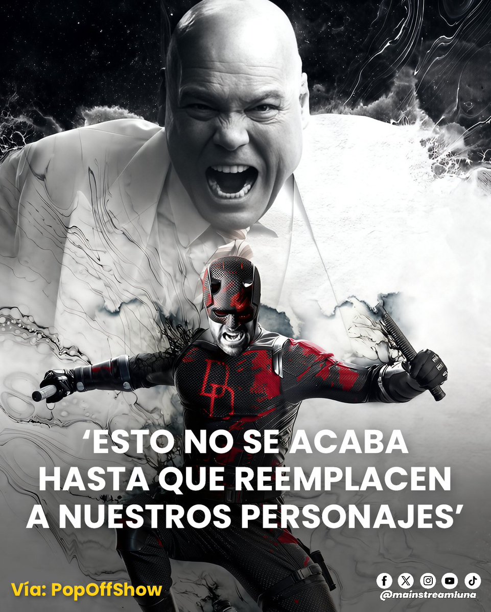 LunaMainstream's tweet photo. NO HA TERMINADO 🔥 Vincent D'onofrio quien interpreta a Kingpin en el MCU dijo que los fans podrán ver de nuevo a #Daredevil y Kingpin en otros proyectos 👀

“Esto no se acaba hasta que reemplacen a nuestros personajes” cuando le preguntaron sobre el futuro de la serie durante un panel en la Comic Con de Londres. También afirmó que Kingpin aún tiene que "darle una paliza a Spider-Man".