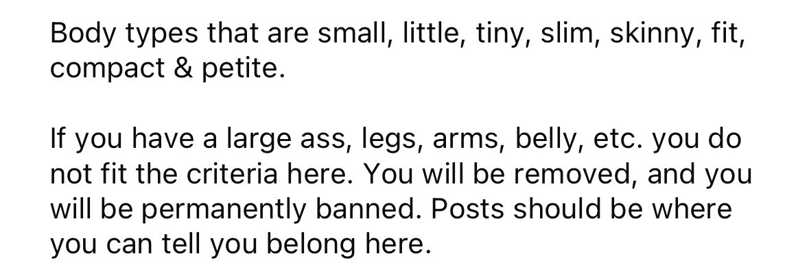 illyrianarmor's tweet photo. This petite subreddit’s description is killing me. If you have a fat ass you will be PERMANENTLY BANNED. https://t.co/eW4rnRTIIw