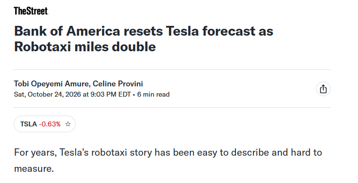 TSLAFanMtl's tweet photo. "Tesla's (TSLA) Robotaxi service "has hit an inflection point," Bank of America analyst Alexander Perry wrote in an Oct. 22 research note reviewed by TheStreet.

He kept a Buy rating and a $460 price objective, about 19% above the $386.47 price the bank used, while trimming his 2027 earnings estimate to $2.26 a share from $2.47.

Tesla's Robotaxi miles doubled in about four weeks

The bank's math is simple. Unsupervised miles grew from 380,000 on July 22 to 1 million on Sept. 3, then to roughly 2 million by Sept. 30, Perry wrote."
