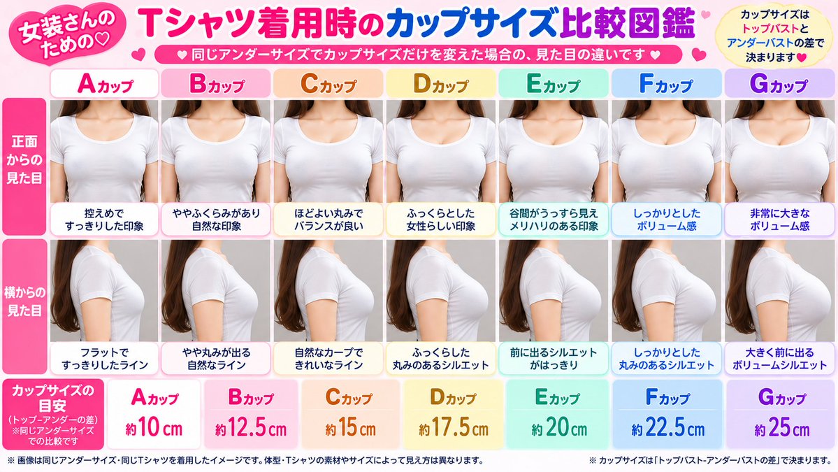 seiko_josou's tweet photo. 🎀女装さんのための♡カップサイズ比較

「ブラの上から服を着たら、どう見える？」🤔

今回は同じTシャツで、A〜Gカップの見え方を比較してみました💕

正面だけでなく横から見ると違いが分かりやすい😊

シリコンバスト選びの参考にも✨

皆さんの理想はA〜Gのどれですか？🥰 https://t.co/DW9MBtIWgI