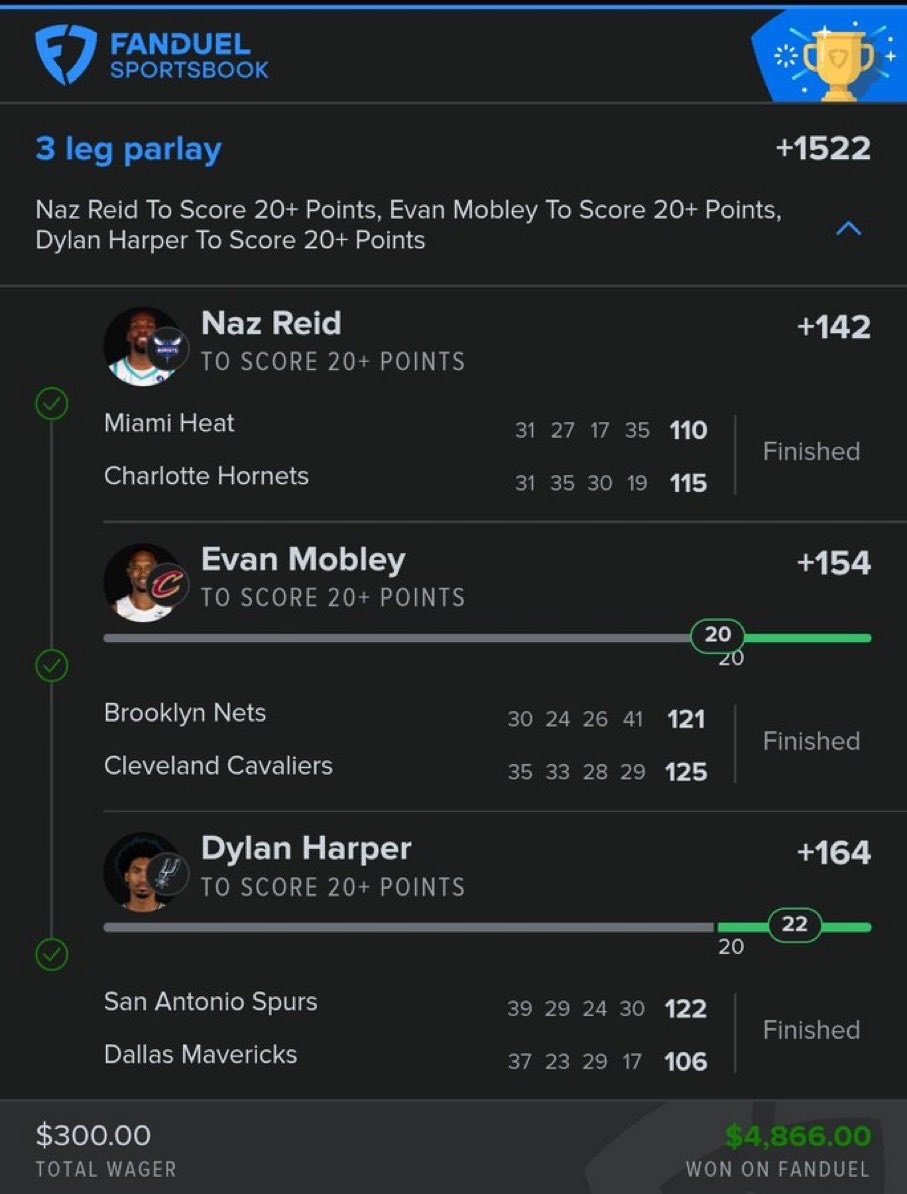 GeniusBrooks's tweet photo. 3-LEG NBA PARLAY CASHED 🔥💰
+1522 | $300 → $4,866
✅ Naz Reid 20+ Pts 🎯
✅ Evan Mobley 20+ Pts (20) 🏀
✅ Dylan Harper 20+ Pts (22) 💪
All legs hit. Ticket paid. 🤑
VIP is hot.
#FanDuel #NBA #Parlay #Betting #PlayerProps #WinningTicket #SportsBetting #BigWin #VIP https://t.co/BcwF54a8In