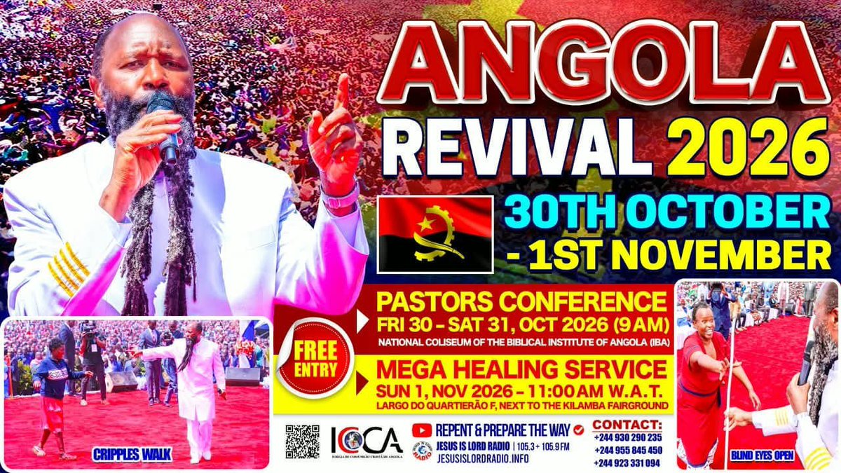 Cyrus0477's tweet photo. 🚨 *COMING UP* : ANGOLA🇦🇴REVIVAL 2026.
_____________
📍*30th & 31st October :* Global word conference on the glorious Coming of the MESSIAH
📍 *1st November* : Mega Healing Service.
🔝presided by the MEGA PROPHET OF THE LORD, Dr. Owuor.
__________________
*📡 LIVE ON👇:*
Crown Tv (Signet)
___________
*📻Radio*
*_Terrestrial_*
Jesus is LORD radio 105.3/9fm
*_Online_*
https://t.co/bexhT0iQ63
https://t.co/1xwPHb4COr
https://t.co/UvwcHVzSWp
___________
*▶️Youtube*
*_Repent & Prepare the Way_* https://t.co/uBKTMvyxWy
*_Repentance TV_* https://t.co/BLQbsgzyK4
___________
*🚨For timely updates on Whatsapp,*
*Follow Repentance News Whatsapp Channel*
https://t.co/M8i3x6WW6w
________________________
*Circulate WIDELY* 📢🌍✨