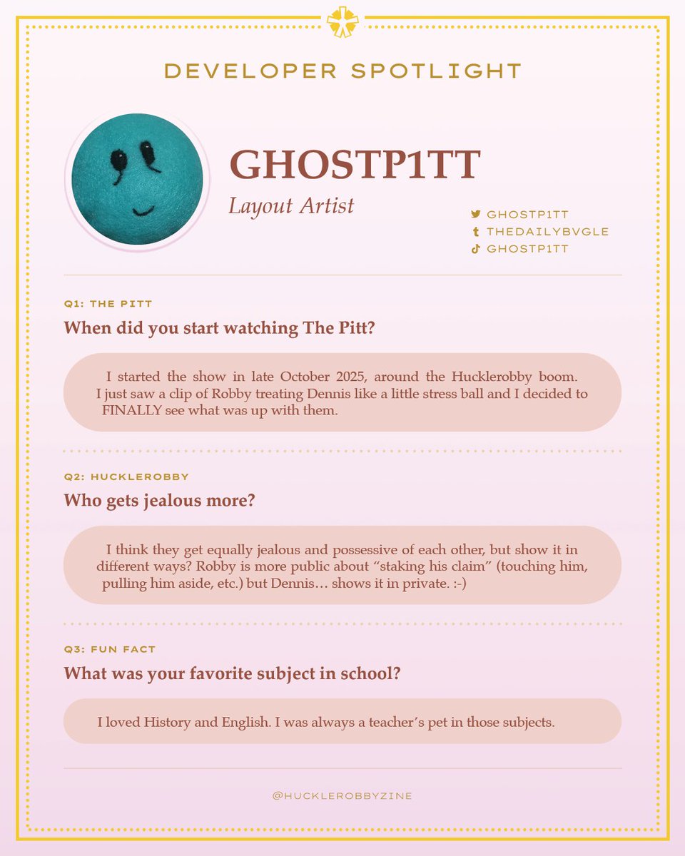 hucklerobbyzine's tweet photo. ❈ DEVELOPER SPOTLIGHT ❈

The anthology's Layout Artist, @GHOSTP1TT!
#hucklerobby https://t.co/FziO0qpokE