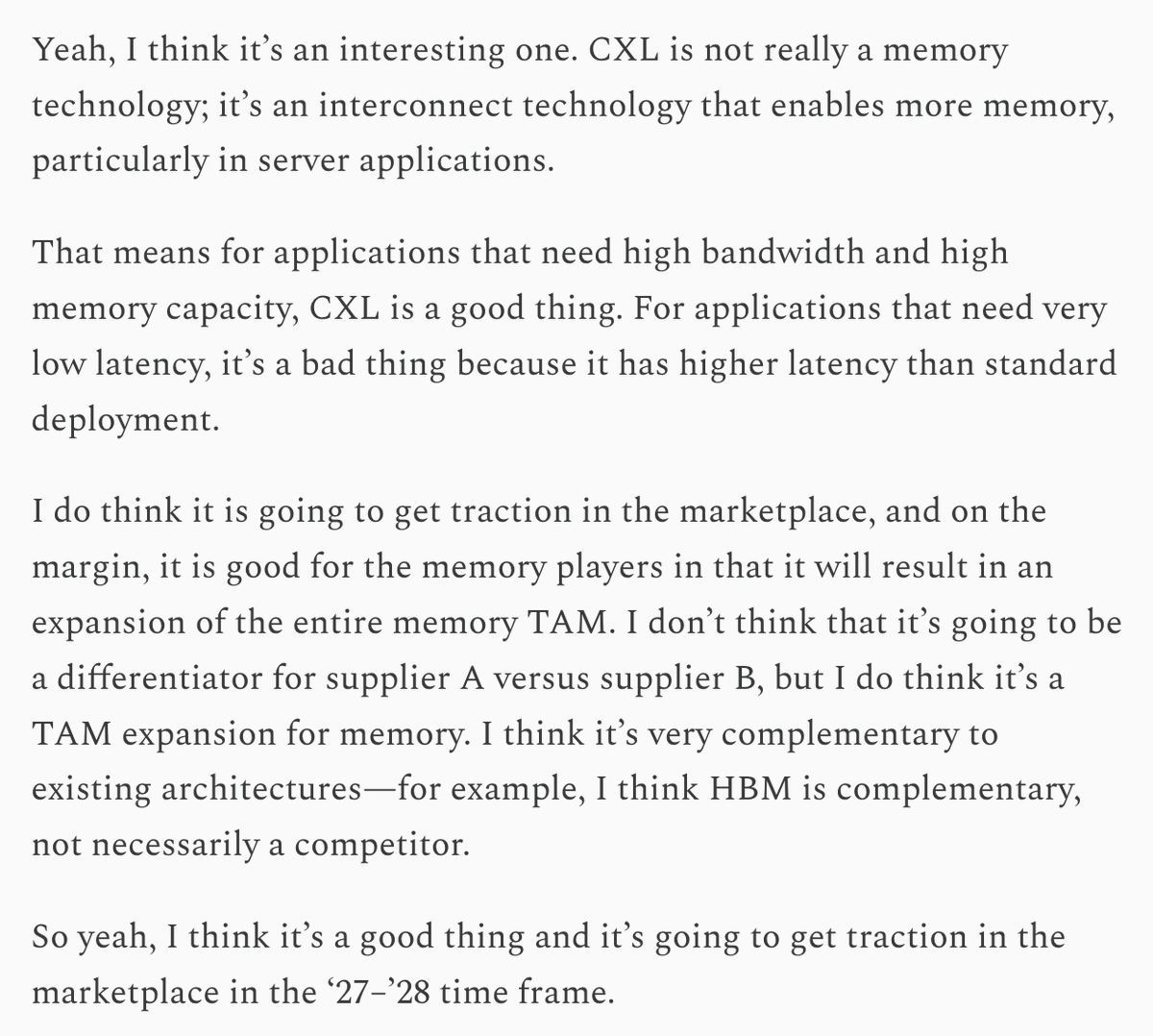 pequityresearch's tweet photo. Expert Takeaways: CXL Memory

> CXL will result in an expansion of the entire memory TAM.

> Applications that need high bandwidth and high memory capacity, CXL is a good thing.

> CXL to get traction in the marketplace in the ‘27–’28 time frame.

$PENG $MRVL $MU $DRAM