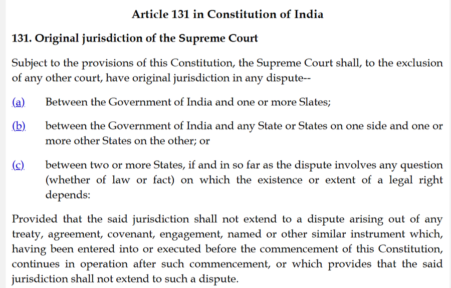 Preddy85's tweet photo. @DeadlyLaw Except Article 131 requires all centre-state disputes to be heard by the Supreme Court. This provision dates back to the GoI Act, 1935. The cause title in this case is State of Maharashtra v. Union of India, indicating that it should have been filed under Art. 131. https://t.co/p79UZEhmyk