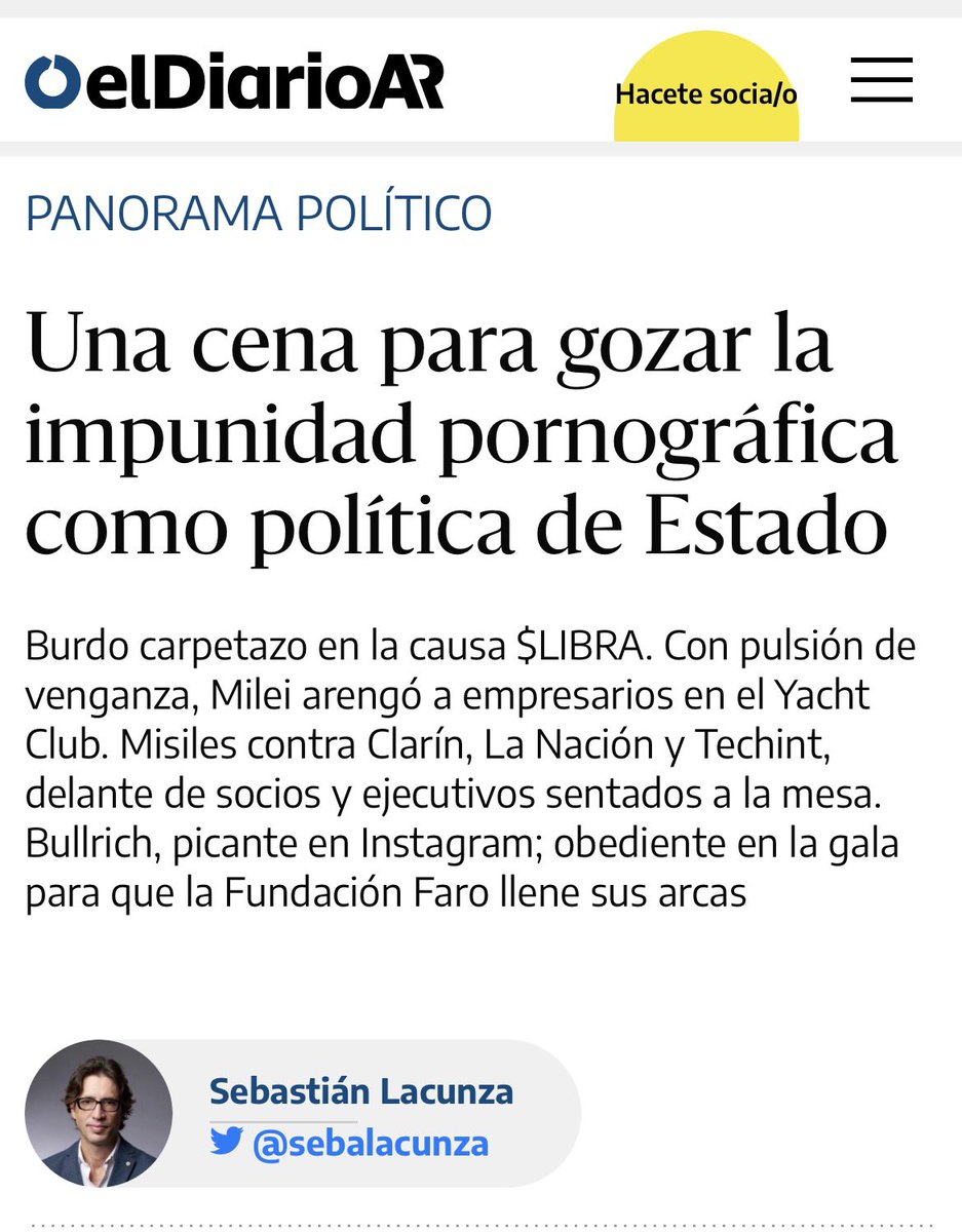 sebalacunza's tweet photo. Escribí:

PANORAMA POLÍTICO
Una cena para gozar la impunidad pornográfica como política de Estado

https://t.co/rwuBNZXrzZ

@elDiarioAR https://t.co/WVyyCx4NRU