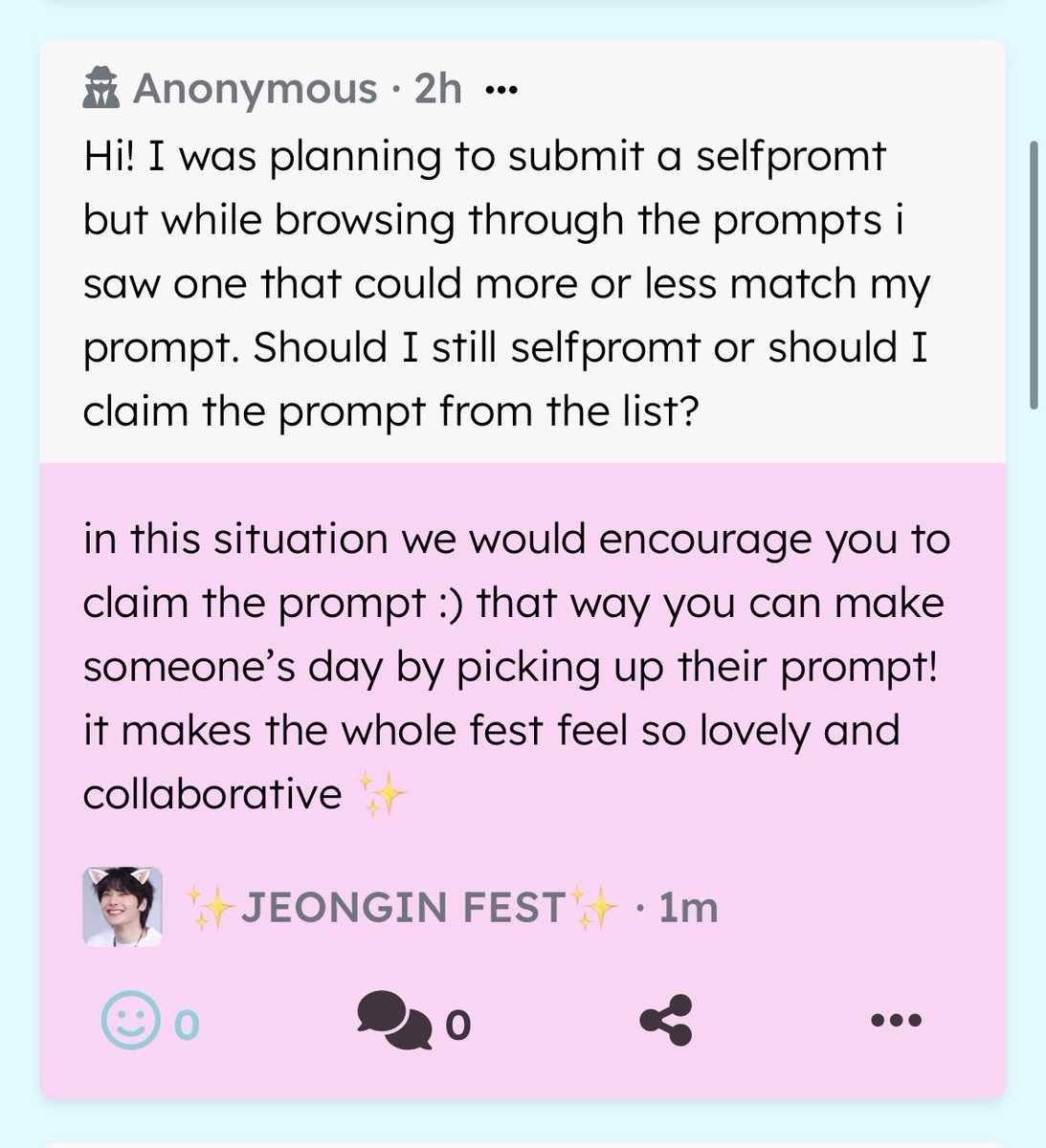 jeonginfest's tweet photo. Hi!  I was planning to submit a selfpromt but while browsing through the prompts i saw one that could more or less match my… — in this situation we would encourage you to claim the prompt :) that way you can make someone’s day by picking up their prom… https://t.co/Cl2Hsl5Wqz https://t.co/UGvI6mX81r