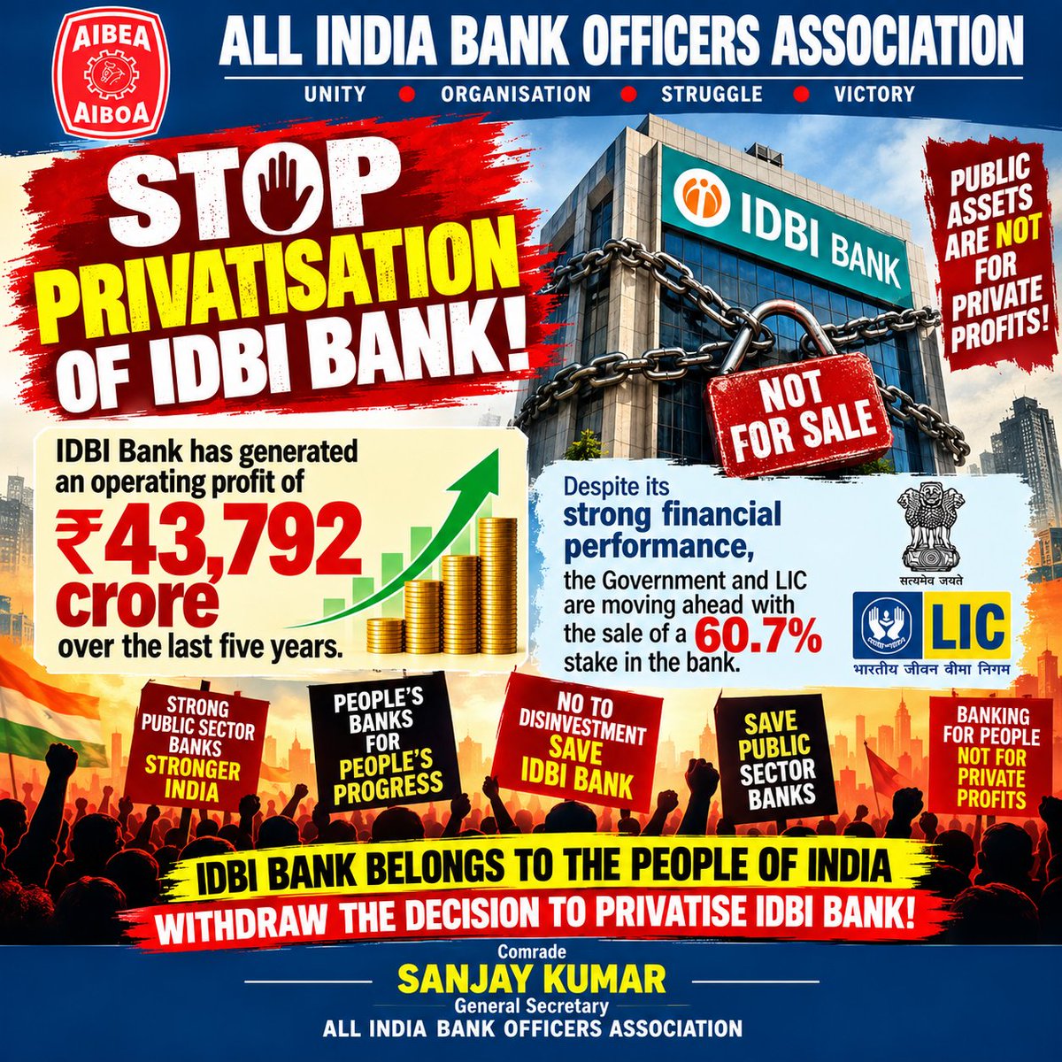 AIBOAOFFICIAL's tweet photo. #StandWithIDBI
@nsitharamanoffc
@DFS_India
@RBI
@ChiefIba
@rashtrapatibhvn
@PMOIndia https://t.co/pMjttne1mm