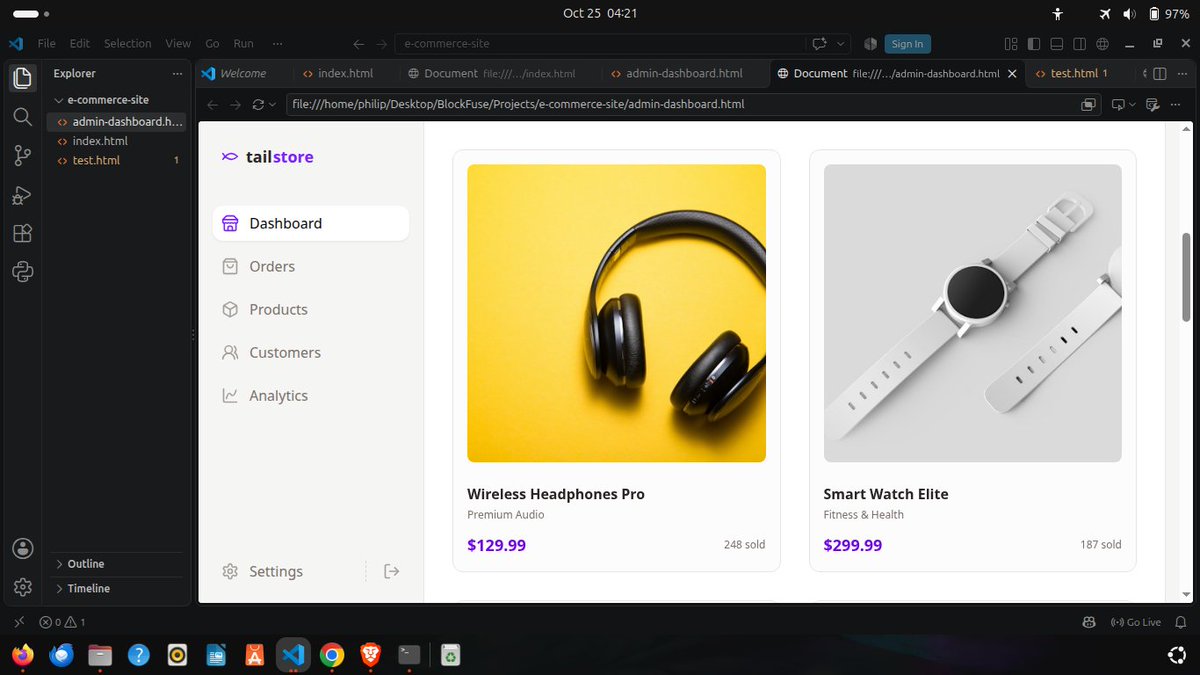 phil_builds's tweet photo. Day 108 of @blockfuselabs 200 Days of Code. I continued building my e-commerce task. Today I built the admin dashboard and other frontend features, I want to begin interacting with the API. 92 days to go.π¨#buildinpublic #tailwind #webdevelopment #200daysofcode #day108 https://t.co/k2th6GqMKy