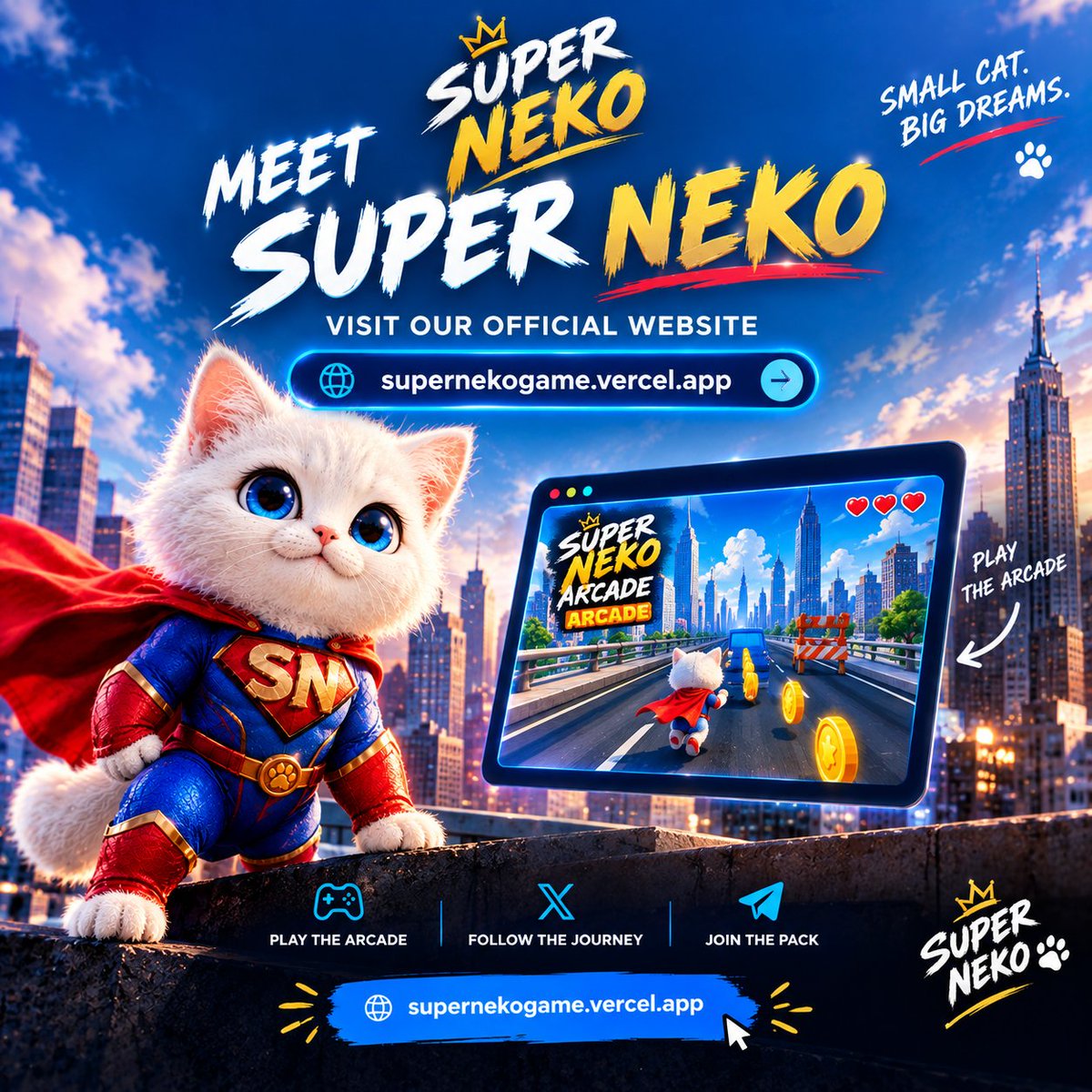 Super_Neko0's tweet photo. 🐱🚀 MEET SUPER NEKO — SMALL CAT. BIG DREAMS. 💙❤️

Our official website is LIVE! 🌐

Discover the world of Super Neko, explore our arcade game, and become part of a community built around creativity, passion, and big dreams. 🐾

🎮 Explore the website: https://t.co/zElckOKGc5

💙 Follow the journey on X
🔥 Join the pack and be part of the story!

The adventure is just beginning… Will you join us? 👀

#SuperNeko #Solana #MemeCoin #CryptoCommunity