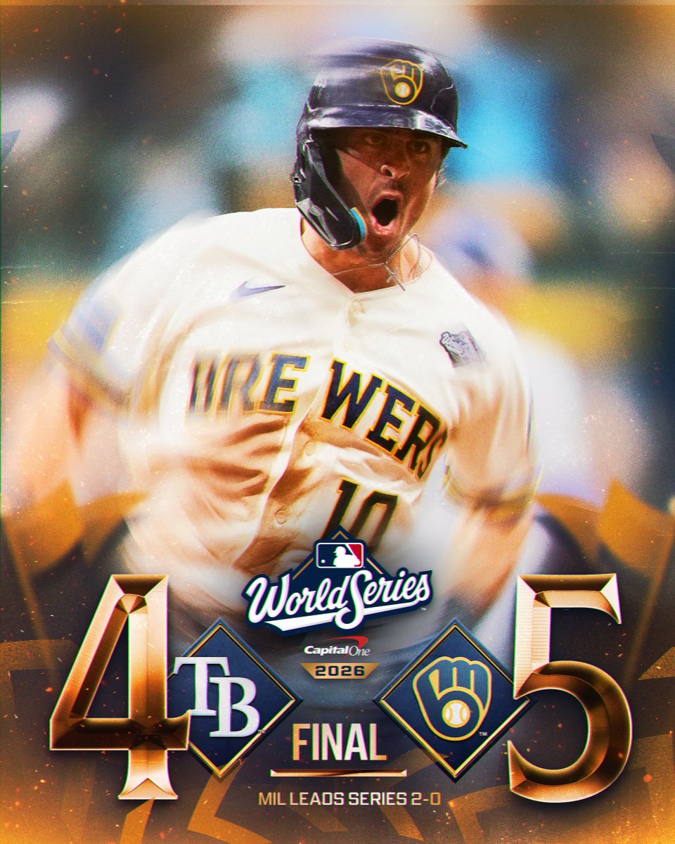 MLB's tweet photo. COMEBACK CREW!

The @Brewers erase a 4-0 deficit and take a 2-0 #WorldSeries lead! https://t.co/93jGDVElxt