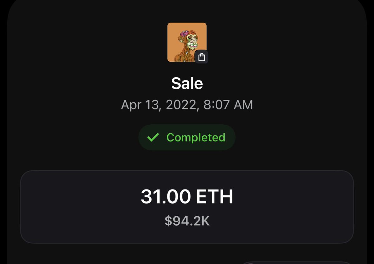 Round404's tweet photo. My mutant sold for 31 ETH in April 2022. $94.2K.

I just picked it up for a fraction of that.

Now's your chance to return to Monke before it’s too late. 

@BoredApeYC https://t.co/aFymwwWXZU