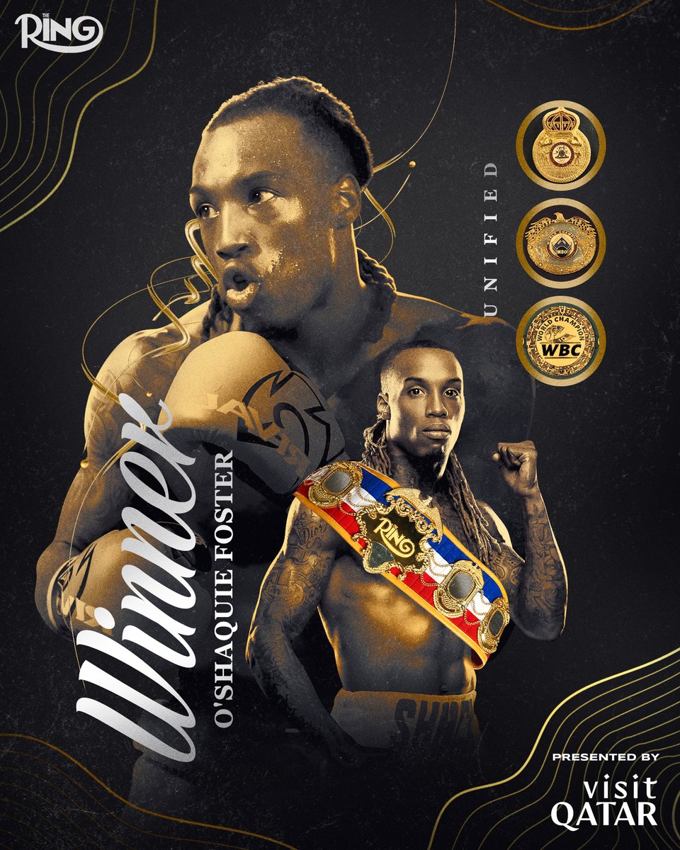 ringmagazine's tweet photo. MASTERFUL PERFORMANCE 😤

O'Shaquie Foster beats Emanuel Navarrete to become the unified WBC, WBO and IBF junior lightweight champion 👏

Presented by @VisitQatar https://t.co/CISSweWBuN