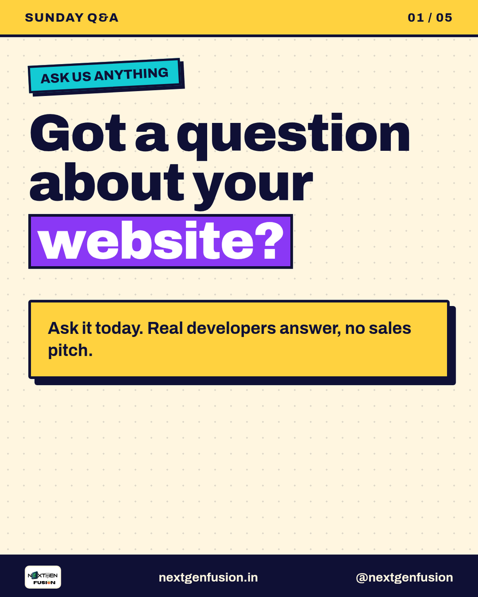 nextgenfusion's tweet photo. Sunday Q&amp;A: ask us anything about your website.

Slow on mobile? People dropping off at payment? Shopify vs custom? Not showing on Google Maps? Two weeks to Diwali and unsure what to fix first?

Reply with your question. Straight answers from developers, no sales pitch. https://t.co/SOSMs0wErU