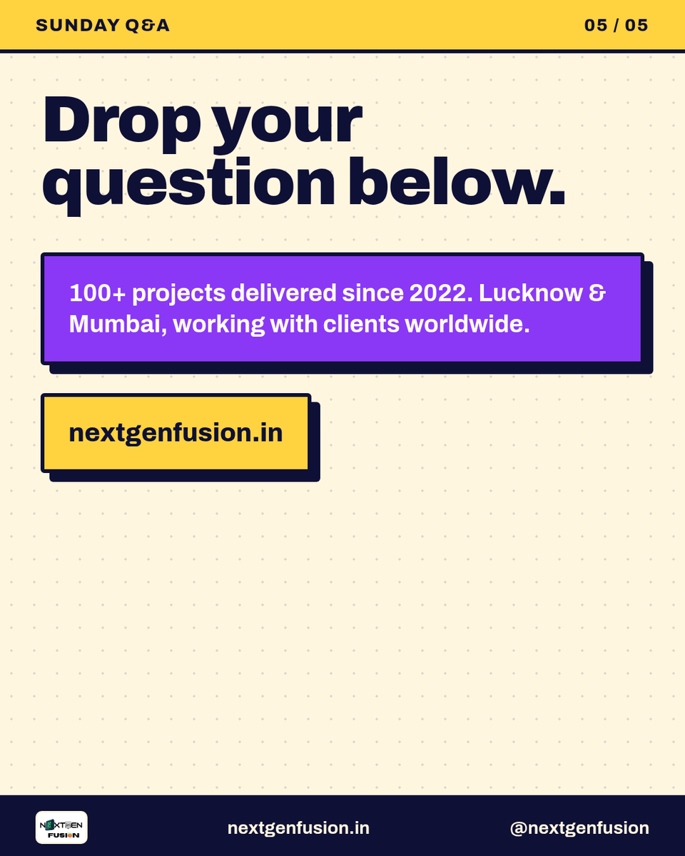 nextgenfusion's tweet photo. Sunday Q&amp;A: ask us anything about your website.

Slow on mobile? People dropping off at payment? Shopify vs custom? Not showing on Google Maps? Two weeks to Diwali and unsure what to fix first?

Reply with your question. Straight answers from developers, no sales pitch. https://t.co/SOSMs0wErU