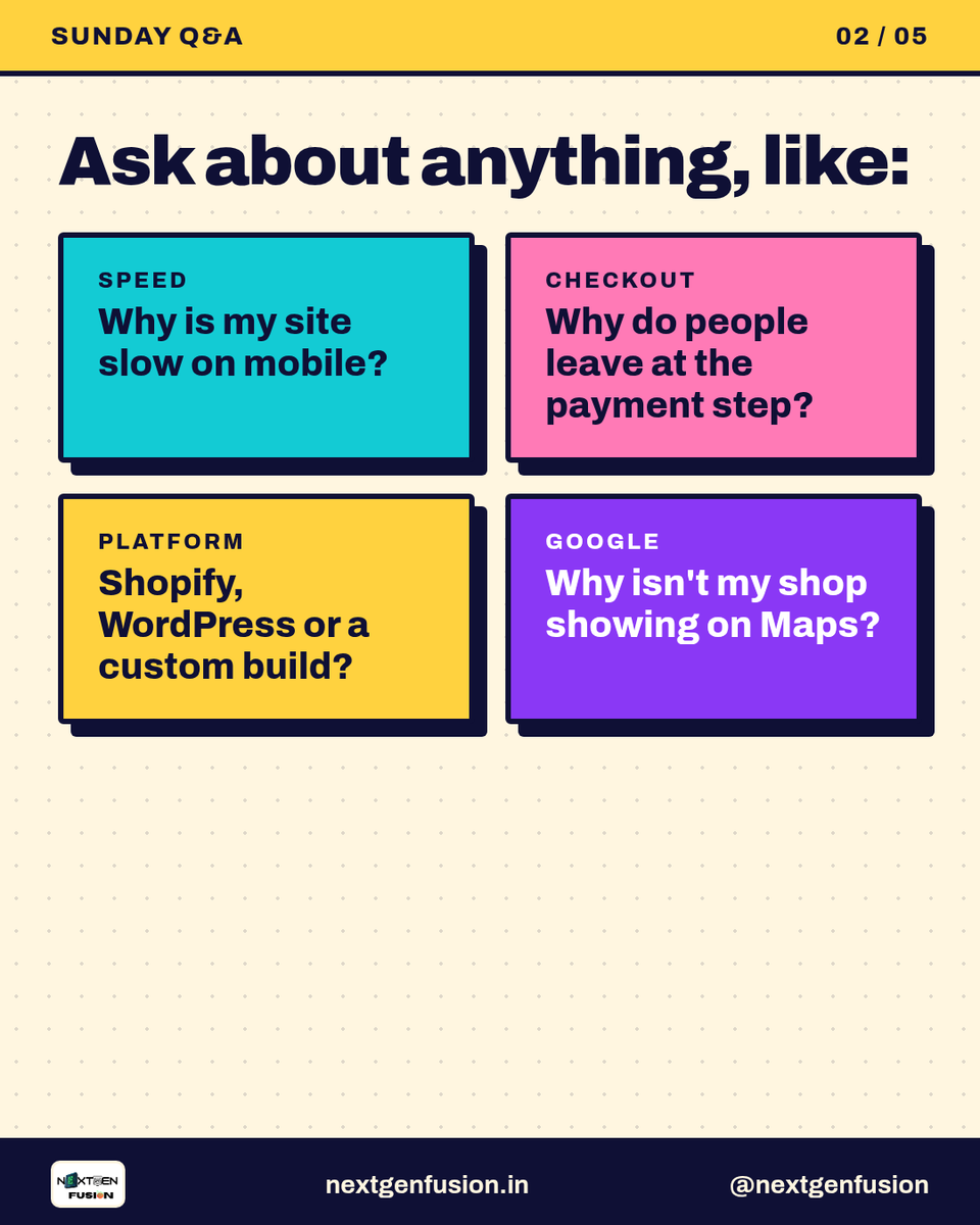 nextgenfusion's tweet photo. Sunday Q&amp;A: ask us anything about your website.

Slow on mobile? People dropping off at payment? Shopify vs custom? Not showing on Google Maps? Two weeks to Diwali and unsure what to fix first?

Reply with your question. Straight answers from developers, no sales pitch. https://t.co/SOSMs0wErU