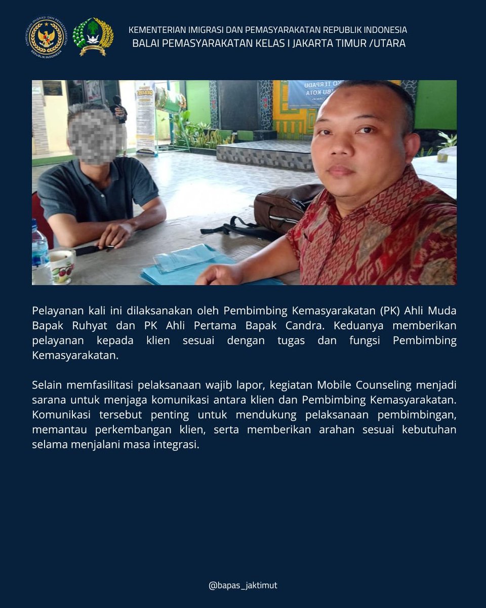 bapas_jaktimut's tweet photo. Sabtu Produktif, Bapas Jakarta Timur/Utara Buka Layanan Wajib Lapor di Ciracas.

#2TahunGerakNyata
#TransformasiBangsa
#GerakNyata
#TerusBerbenah
#HasilNyataManfaatTerasa https://t.co/5BpOflADYH