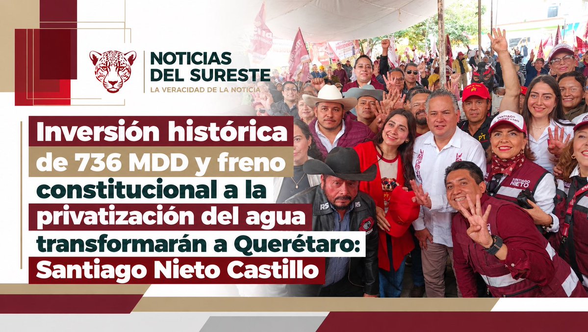 NotiSurMX's tweet photo. #Querétaro 🇲🇽 SANTIAGO NIETO DESTACA INVERSIÓN HISTÓRICA DE 736 MDD Y DEFENSA DEL AGUA

El coordinador estatal anunció tres nuevos parques industriales y respaldó la iniciativa de Claudia Sheinbaum contra la privatización del agua.

@SNietoCastillo 

https://t.co/NcFY5qdYp7 https://t.co/FiwDxwqvqH