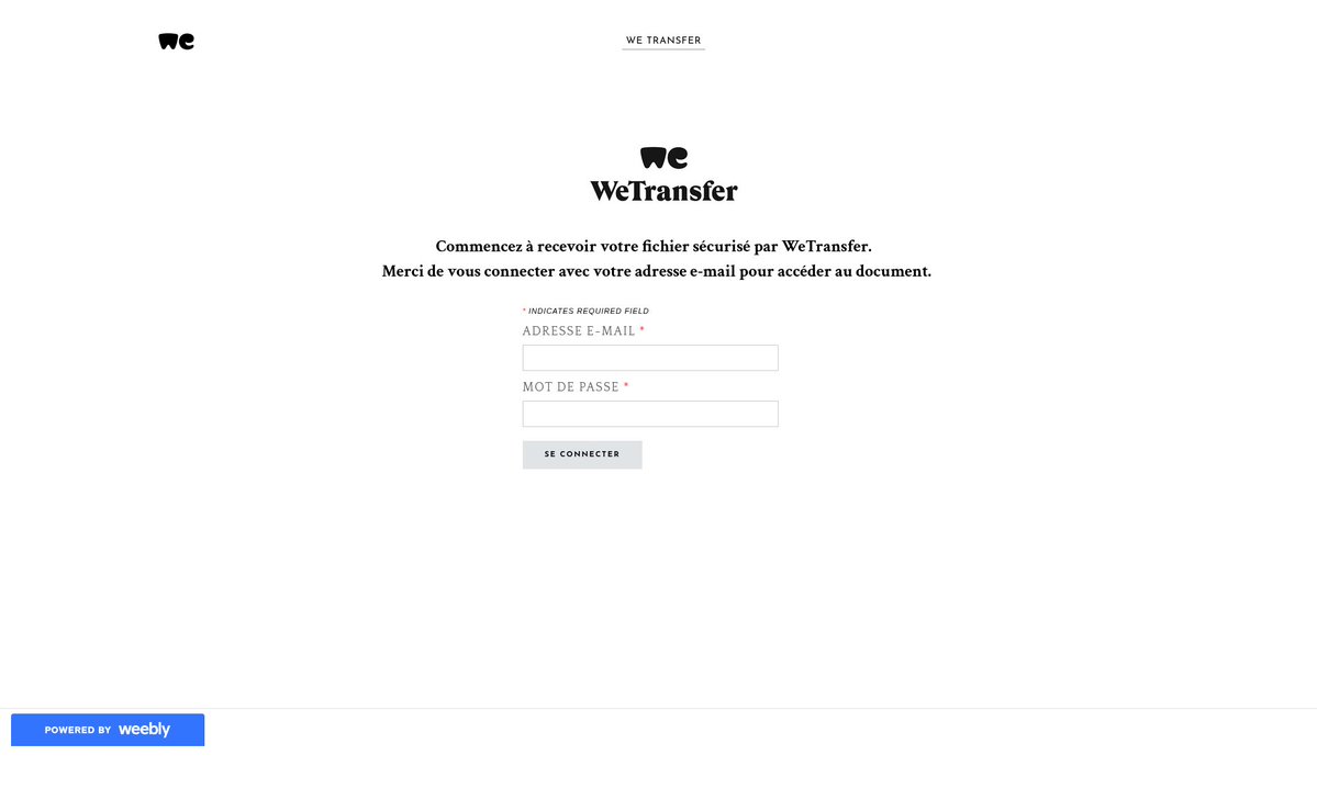 TheThreatWire's tweet photo. Phishing Alert #36

Url: hxxps://docportailwe.weebly.com/
Country: Netherlands
Organization: WeTransfer B.V.⁠
Industry: Technology / Cloud File Sharing & Collaboration
Main services: Online file transfers, large-file sharing via email or download links, cloud-based file storage, file requests, document and media previews, password-protected transfers, team collaboration, and creative content-sharing tools.