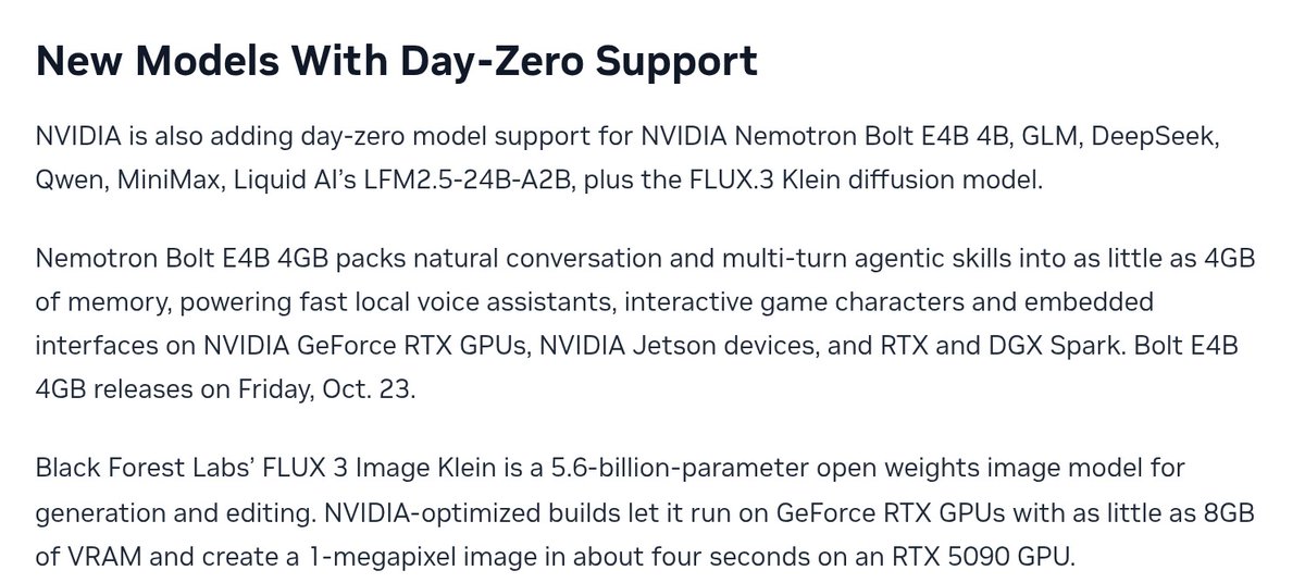 Astrodevil_'s tweet photo. Open weights I'm bookmarking from this week:

Carbon-X: 14.8B, reads DNA and answers in plain English, Apache 2.0
Ling-3.0-flash-Sante: 124B total, 5.1B active, healthcare research, MIT
mammoth-1: 27B decision model, MIT
elephant-1: its 9B sibling, MIT
LFM2.5-24B-A2B: 2B active out of 24B, made for local tool-calling agents
FLUX.3 Klein: 5.6B image model that fits in 8GB of VRAM
Nemotron Bolt E4B: voice and agent model built to run in about 4GB