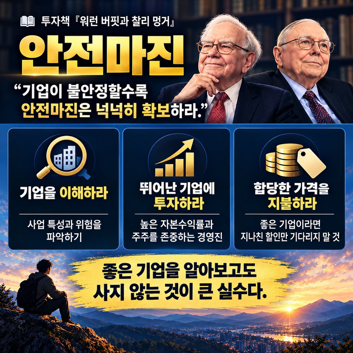 books_world7's tweet photo. 📚 투자책 『워런 버핏과 찰리 멍거』  

16 안전마진  

워런 버핏과 찰리 멍거는 다음과 같이 이야기했다.

관심 기업의 미래를 완벽히 예측할 수 있다면 안전마진은 거의 필요하지 않을 겁니다. 기업이 불안정하거나 앞으로 불안정해질 가능성이 클수록 안전마진도 넉넉히 확보해야 합니다.

가장 중요한 것은 기업을 이해하고, 사업 특성상 뜻밖의 악재가 거의 생기지 않는 기업에 투자하는 것입니다.

투입 자본 대비 높은 수익을 오랫동안 올릴 수 있고, 경영진이 주주를 제대로 대우하는 기업을 발견했다면 가격을 많이 할인받을 필요가 없습니다.

가장 큰 실수는 정말 뛰어난 기업임을 알면서도 합당한 가격을 치르지 않았거나, 조금 더 높은 가격에 추가 매수하기를 망설인 것이었습니다.

자신이 이해할 수 있고 매력적인 기업이 뚜렷이 보이는데도 잡지 않는 것은 실수입니다.