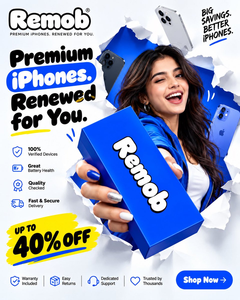 remobin's tweet photo. iPhone chahiye, budget nahi badhana? 👀📱
REMOB ke refurbished iPhones par up to 40% OFF 💙
Premium iPhones. Renewed for You.
#RefurbishediPhone #REMOB #REMOB #iPhone #RefurbishediPhone #Apple #iPhoneDeals #RefurbishedPhones #Smartphones #TechIndia #MobileDeals #BudgetiPhone https://t.co/YPVtymCWzu