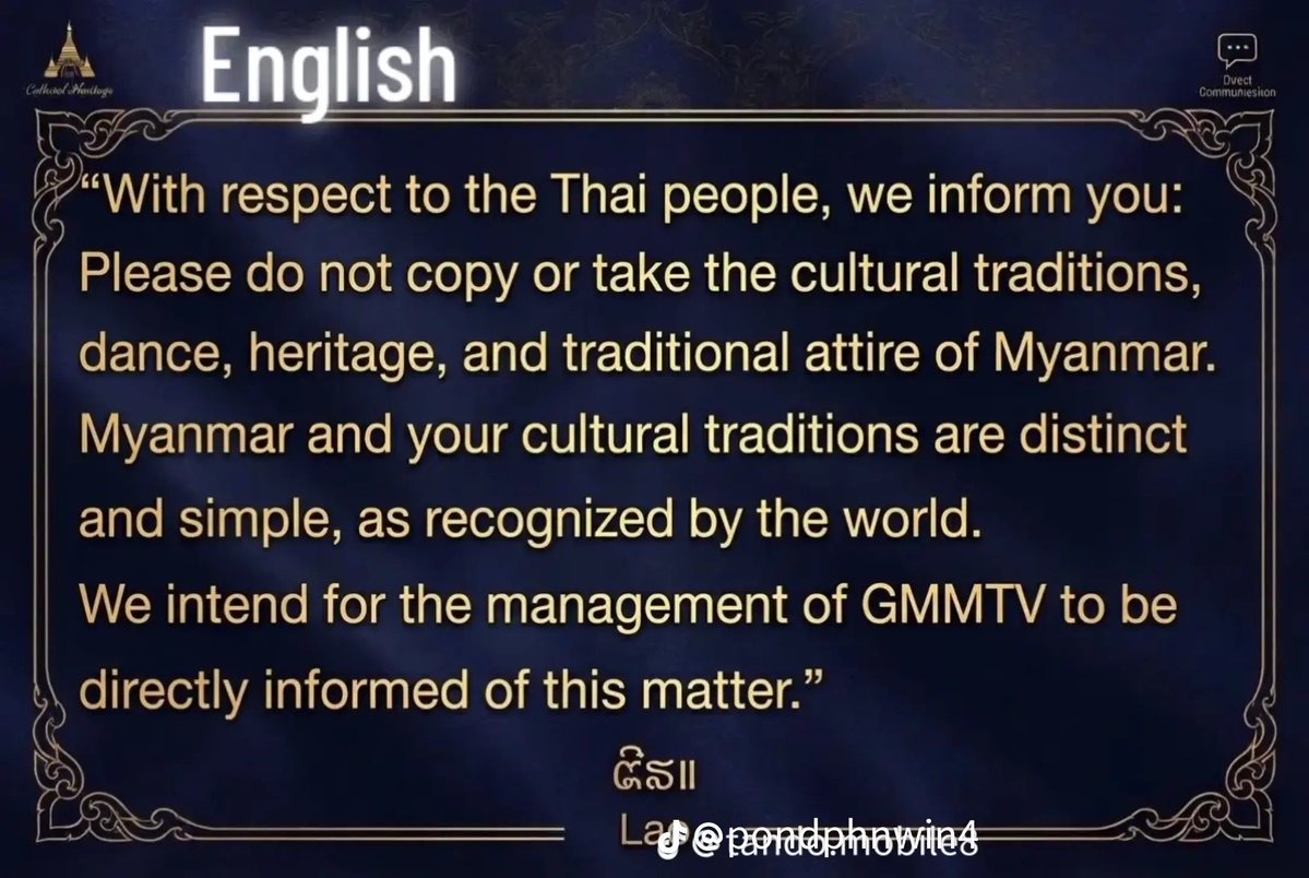 clovertb6n's tweet photo. မြန်မာနိုင်ငံရဲ့ယဥ်ကျေးမှုကို လေးစားပေးပါ@GMMTV
ရှင့်တို့လည်းရှင်တို့ယဥ်ကျေးမှုကို တစ်ခြားနိုင်ငံက ထိပါးလာရင်လက်ခံနိုင်မှာမဟုတ်ဘူး 
CULTURAl HERITAGE RECOGNITION
#ReconizeMyanmarCulturalHeritage https://t.co/slqRLyfW1p