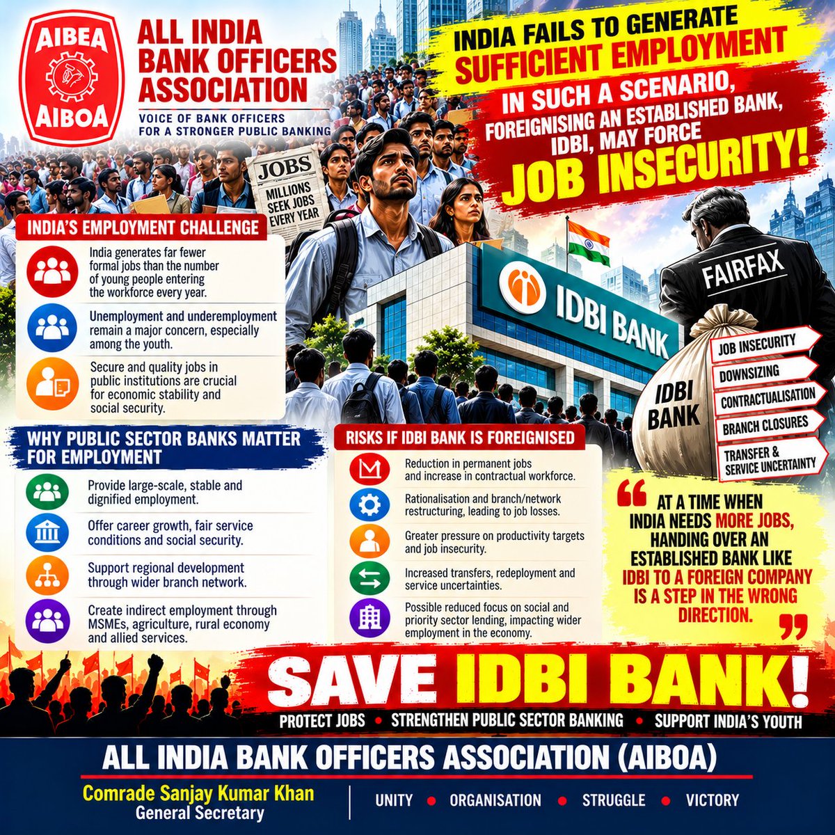 AIBOAOFFICIAL's tweet photo. #StandWithIDBI
@nsitharamanoffc
@DFS_India
@RBI
@ChiefIba
@rashtrapatibhvn
@PMOIndia https://t.co/ZvCChJsnp7
