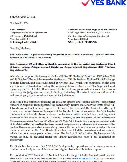 CNBCTV18Live's tweet photo. #CNBCTV18Market | #YesBank Updates On Supreme Court Judgment Regarding AT-1 Bonds

The bank says it is evaluating all available options and suitable actions following the Supreme Court judgment concerning the exercise of the call option on its Additional Tier-1 (AT-1) bonds

YES Bank will communicate its decision after completing the evaluation and assessment of the available options

The bank adds that its day-to-day operations and customer services will continue as usual without interruption

The bank says it is evaluating all available options and suitable actions following the Supreme Court judgment concerning the exercise of the call option on its Additional Tier-1 (AT-1) bonds

YES Bank will communicate its decision after completing the evaluation and assessment of the available options. The bank adds that its day-to-day operations and customer services will continue as usual without interruption.