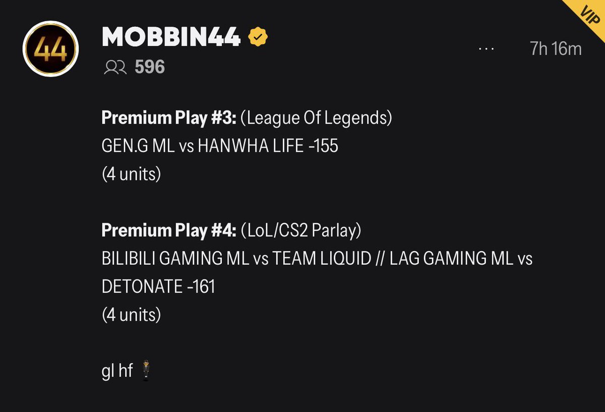 MOBBIN44's tweet photo. BAMMM!!!🧹🧹🧹🧹🧹🧹🧹🧹🧹🧹🧹

5-0 (+21.32 units)

THERE’S THE VIP ESPORTS SWEEP!! 🐐🐐🐐

LAST 9 VIP ESPORTS CARDS ARE 14-1 FOR +56.57u 📈

✅FAZE ML vs LOS // G2 ML vs LOS
✅CGN +1.5 vs EINTRACHT FRANKFURT // VITALITY Map1 ML vs 9Z
✅PAIN ML vs GALORYS // NAVI +1.5 vs G2
✅GEN.G ML vs HANWHA LIFE
✅BLG ML vs TEAM LIQUID // LAG ML vs DETONATE

#44MOB
https://t.co/SQng0kNceb