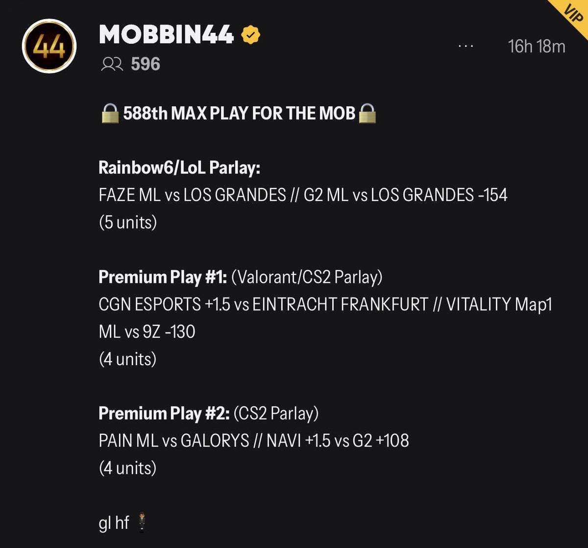 MOBBIN44's tweet photo. BAMMM!!!🧹🧹🧹🧹🧹🧹🧹🧹🧹🧹🧹

5-0 (+21.32 units)

THERE’S THE VIP ESPORTS SWEEP!! 🐐🐐🐐

LAST 9 VIP ESPORTS CARDS ARE 14-1 FOR +56.57u 📈

✅FAZE ML vs LOS // G2 ML vs LOS
✅CGN +1.5 vs EINTRACHT FRANKFURT // VITALITY Map1 ML vs 9Z
✅PAIN ML vs GALORYS // NAVI +1.5 vs G2
✅GEN.G ML vs HANWHA LIFE
✅BLG ML vs TEAM LIQUID // LAG ML vs DETONATE

#44MOB
https://t.co/SQng0kNceb