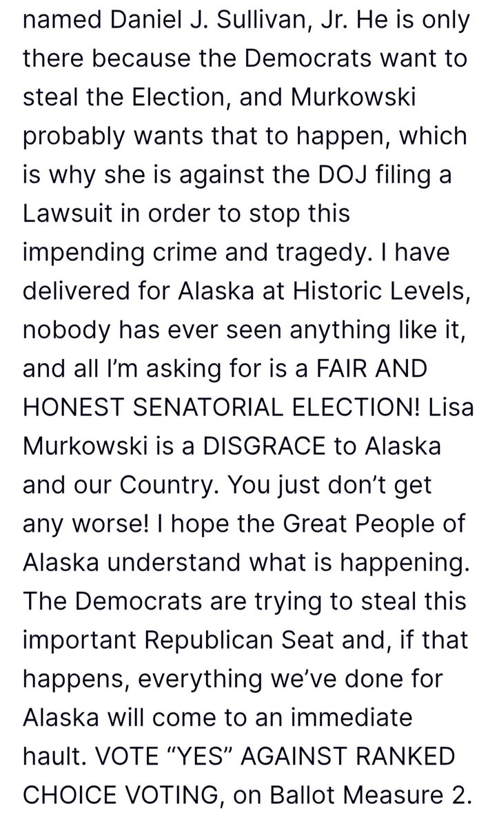 paidprotestr's tweet photo. Trump made the DOJ file a lawsuit that says if a Democrat wins in Alaska, then the election is invalid. Ridiculous. Lisa Murkowski had nothing to do with ranked choice voting being implemented.
1/2
#Trump #Alaska #Sullivan #DanSullivan #rankedchoice #Peltola https://t.co/glaIlYbF7z