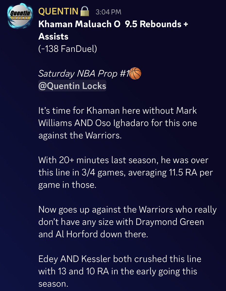 QuentinLocks's tweet photo. Khaman Maluach O 9.5 Rebounds + Assists✅✅

LOVED THIS PLAY🤝

3 dimes &amp; 8 boards through 3Q. 

2-0 NIGHT OF HOOPS🧹 https://t.co/1cgOcJQ5W6