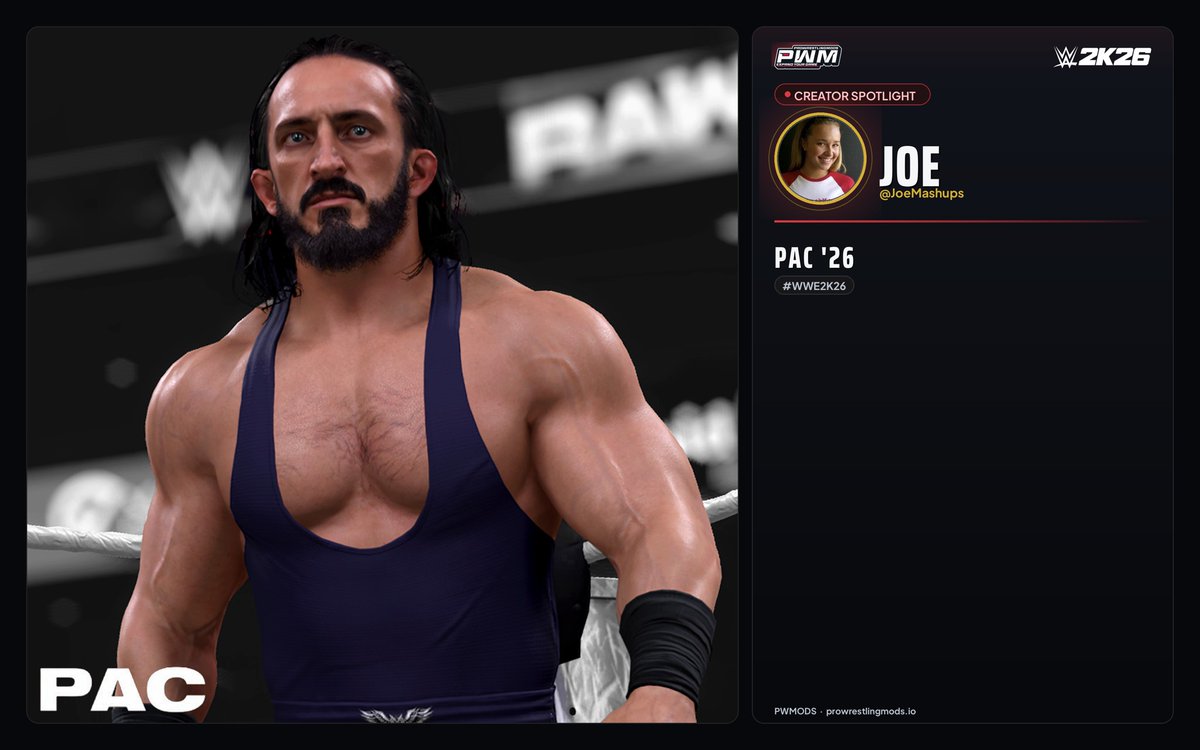 PWMods's tweet photo. 🚨 Go show some love 🚨 "PAC '26" by @JoeMashups. https://t.co/bvf6cUASgD #WWE2K26 https://t.co/ze4fnTl9d1