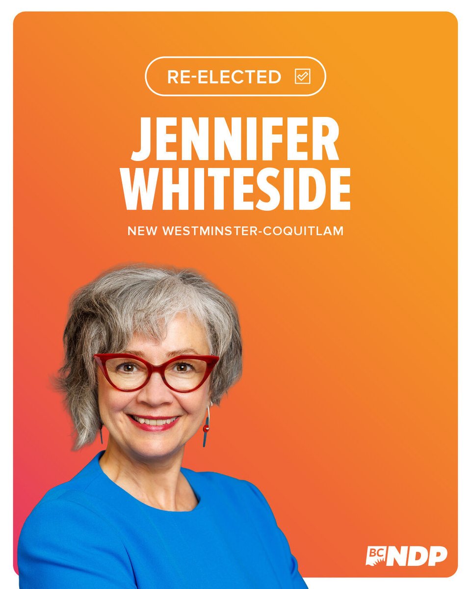bcndp's tweet photo. Congratulations to Jennifer Whiteside on getting re-elected tonight! Thank you, New Westminister-Coquitlam! https://t.co/OLQREryovd