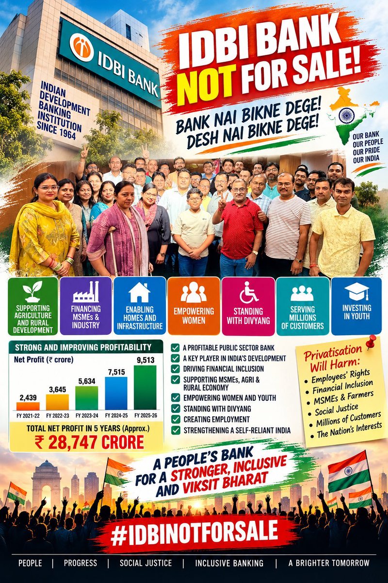 jay_dee_here's tweet photo. Proud to serve at IDBI Bank—an institution that has been a cornerstone of India's development since 1964!  

​With a stellar net profit of ₹9,513 crore in FY 2025-26 and a total net profit of ₹28,747 crore over the last 5 years, we continue to drive financial inclusion, empower women and youth, and build a stronger, self-reliant India.  

​Our bank, our people, our pride!  

#StandwithIDBI ​#IDBINotForSale #IDBIBank #ViksitBharat #PublicSectorBank