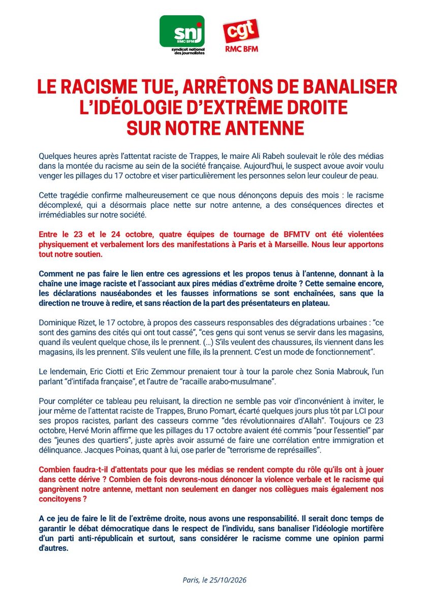 CGT_RMC_BFM's tweet photo. Prenons nos responsabilités. Arrêtons de banaliser les idées d'extrême droite dans nos médias.  
@SNJRMCBFM @SNRT_CGT_AV https://t.co/1ZbwlUIWM4