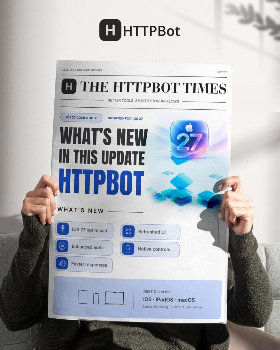 HTTPBot's tweet photo. HTTPBot is ready for iOS 27! 🚀

⚡ Faster responses
🔐 Enhanced auth
✨ Refreshed UI &amp; native controls
Your native API client for iPhone, iPad &amp; Mac.
👉 https://t.co/a0EkE2KbkL

#HTTPBot #iOS27 #APITesting https://t.co/KCd4MdYsH9