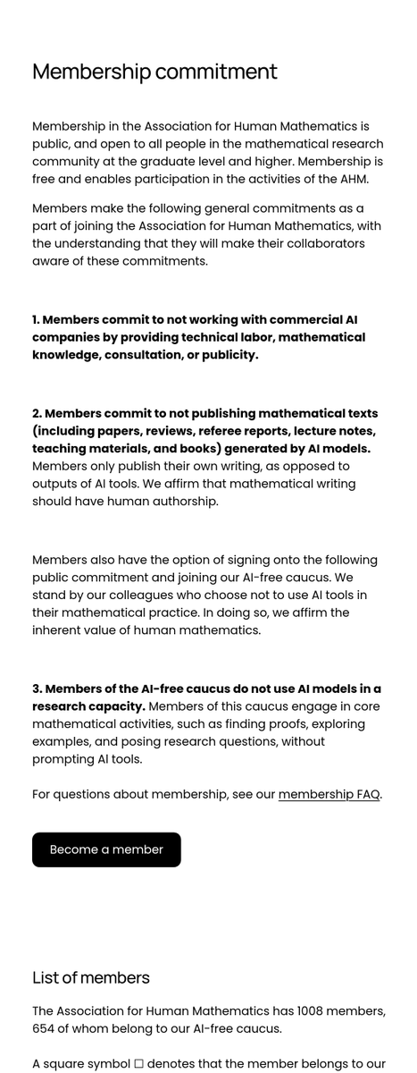 empac2058569834's tweet photo. Over 1,000 mathematicians pledged not to work for commercial AI firms or publish AI-generated math.

Association for Human Mathematics

Of its 1,008 members, 654 are in an optional AI-free caucus that doesn't use AI in research.

As reported by @newscientist.

#AI #Mathematics https://t.co/oKrMYzyq5T