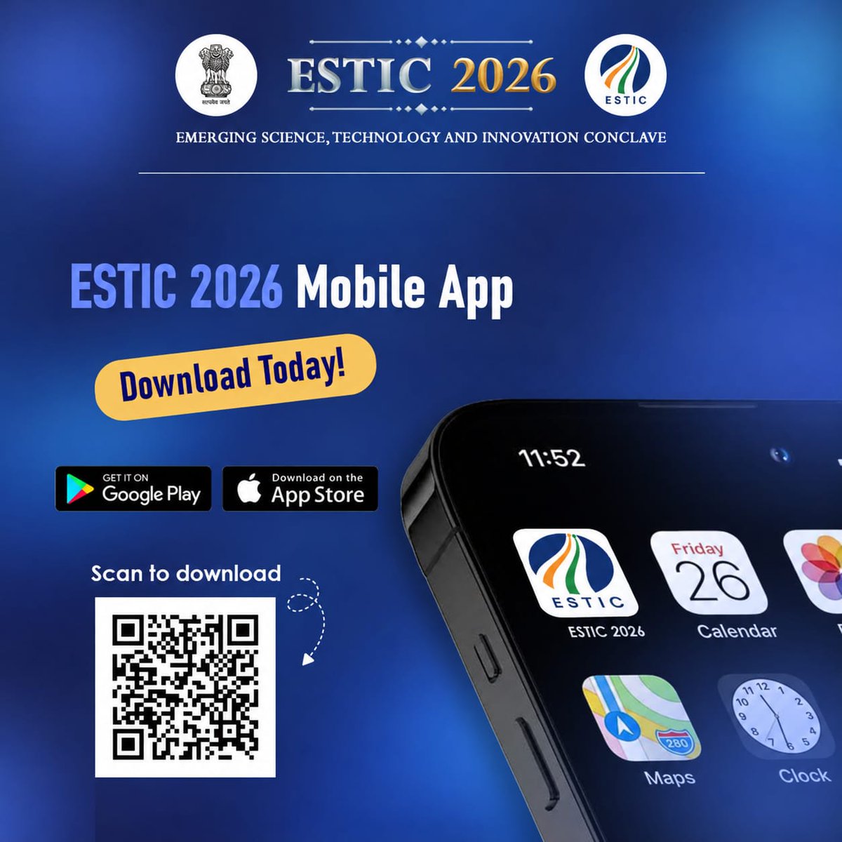 CSIR_IND's tweet photo. Stay Connected with ESTIC 2026 with the ESTIC Mobile App

Download the Mobile App and stay updated on the Emerging Science, Technology and Innovation Conclave for easy access to event updates and information. Scan the QR code or download it from Google Play or the App Store!

#ESTIC2026 #ScienceAndTechnology #Innovation #DigitalIndia #ScienceForSocie