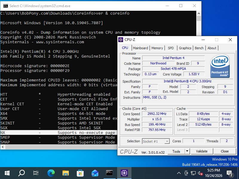 TheBobPony's tweet photo. One year after Windows 10's end of support and before GTA 6 is out...
Windows 10 now works on CPUs WITHOUT the NX bit!
Here's Windows 10 version 22H2 with latest cumulative update, running on a Socket 478 Intel Pentium 4!
https://t.co/CZLWMuQpY9
Patcher: https://t.co/cz3811ASwT https://t.co/HyUUSaOowK