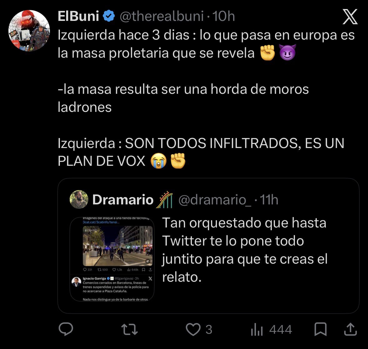 dramario_'s tweet photo. Han desactivado a las cuentas ultra que estaban moviendo el relato de los saqueos de Barcelona al darse cuenta de que nadie se lo está comprando. Han parado en seco las interacciones y algunas cuentas de referencia han borrado los tuits donde me citaban. https://t.co/GwfnKK0xOm