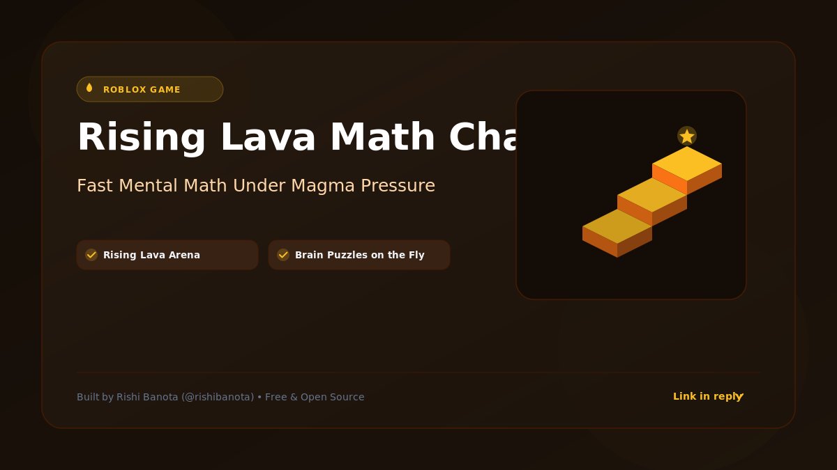 CoderRishi's tweet photo. Mental math under pressure is a completely different sport.

In Rising Lava Math Challenge, if you freeze on basic arithmetic for 3 seconds, you get engulfed in molten magma. Kids are speedrunning it faster than engineers 💀

(Link in reply 👇)

#Roblox https://t.co/LTXl4Q1lA0