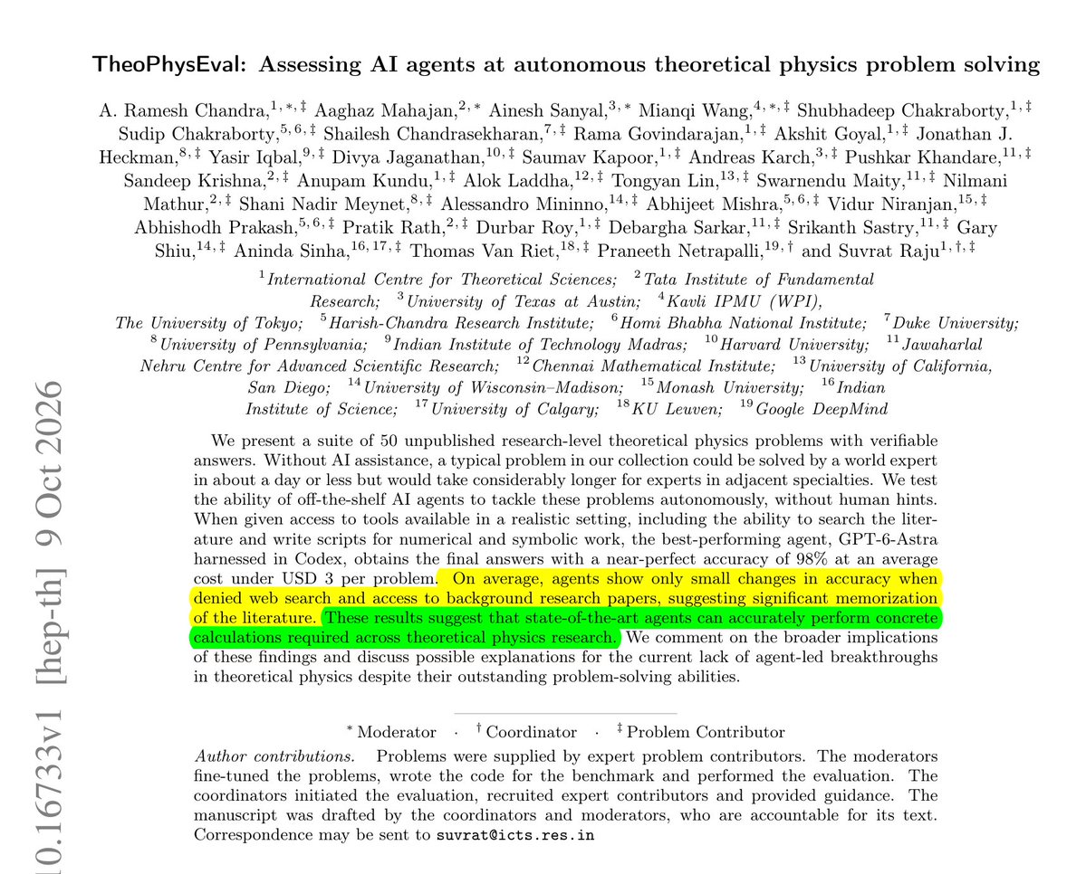 Benchmark chart from the theoretical physics evaluation paper comparing frontier AI agents with and without web search across 50 unpublished research level physics problems, showing GPT 6 Astra in Codex solving 49 of 50 with search and 46 of 50 without search alongside Opus 5.5 in Claude Code solving 46 of 50.